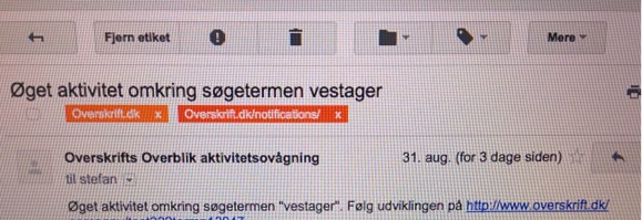 Screenshot af e-mail der viser en alarm for monitorering af Vestager
